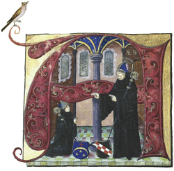 verzierte Initialie: Klostermotiv mit zwei Mönchen und Vogel